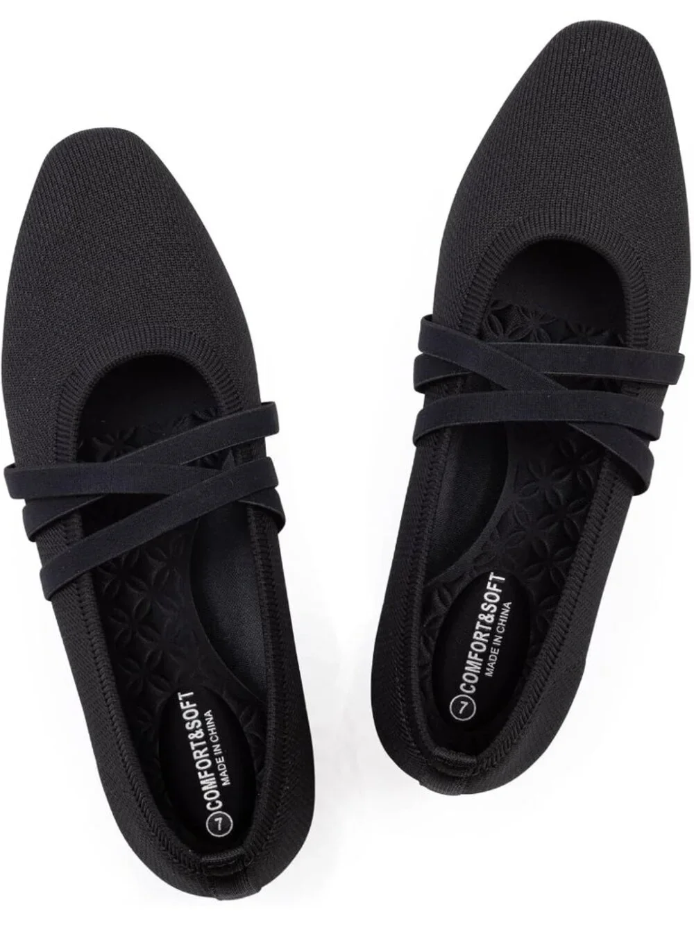 Women's Black Knit Square Toe Ballet Flats Mary Jane Slip On Causal Shoes